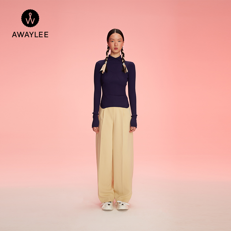 AWAYLEE设计师品牌 2021秋冬新品藏青色针织上衣